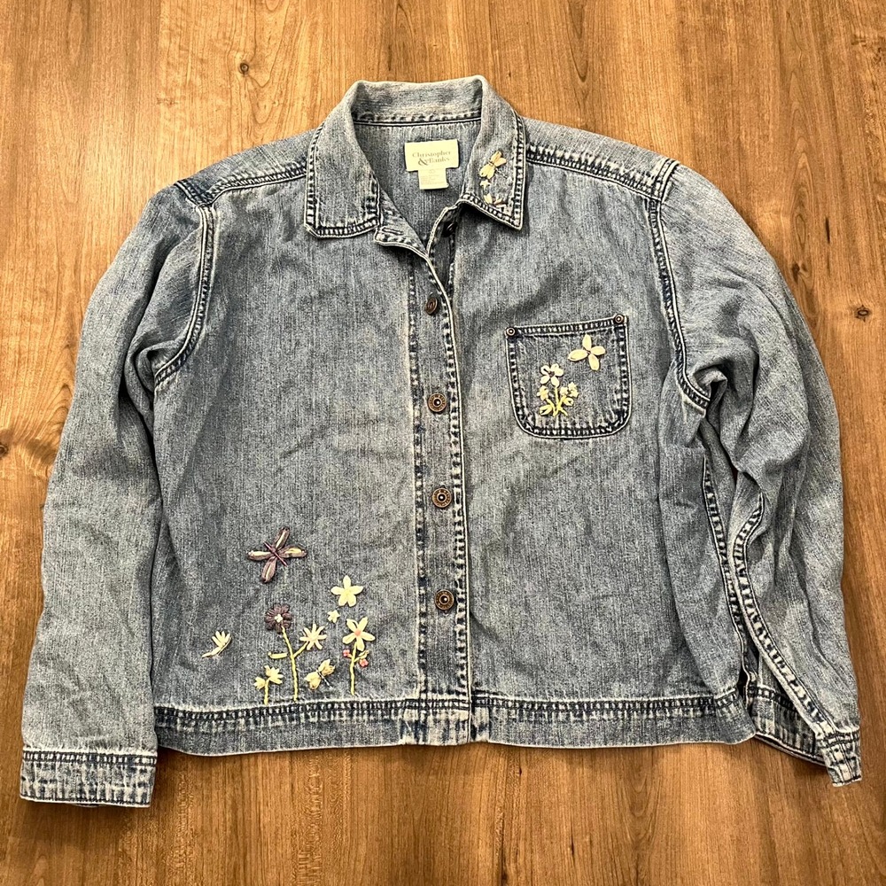 VTG Christopher & Banks Denim Jacket Shacket Embroidered Floral Dragonfly L